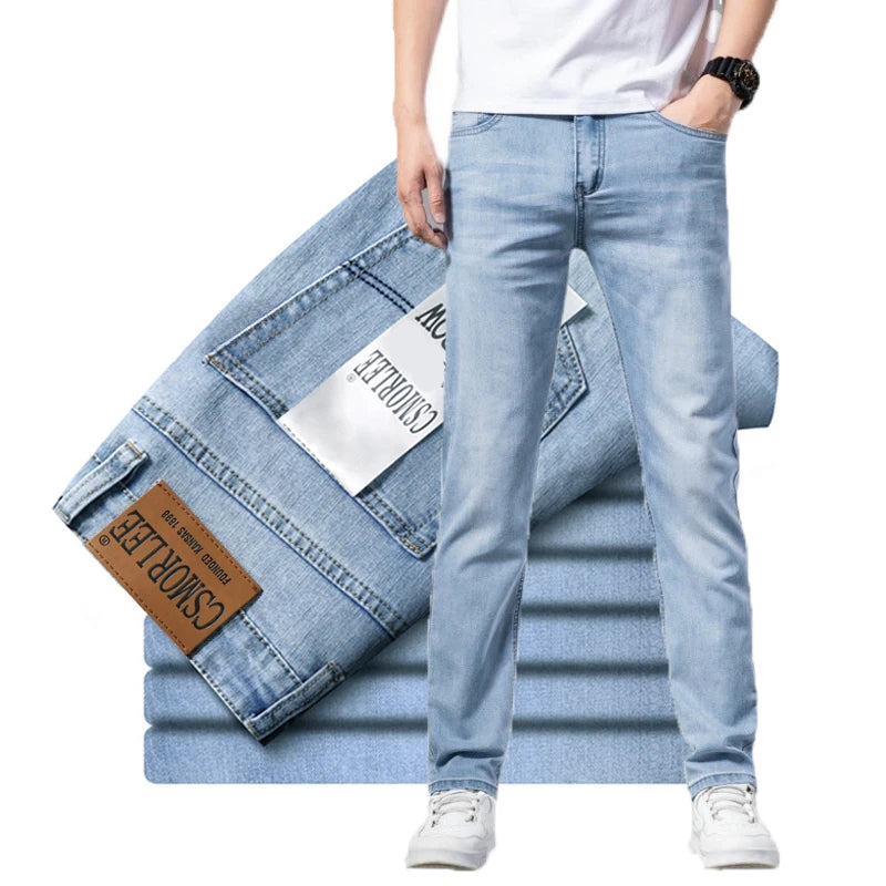 2026 Brand Top Classic Style Men Spring Summer Jeans Business Casual Light Blue Stretch Cotton Denim Male Trousers ATFH