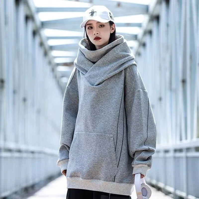Autumn Men's Windbreaker Turtleneck Hooded Sweatshirts New Japanese Ninja Hoodies Women Line Print Oversized Y2K Vintage Hoodie - ATFH