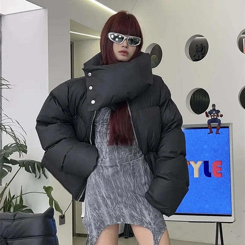 Women's Winter Autumn Tops Coat Splicing Cotton Clothes Press Button Neck Warm Pure Color Simple Loose Design High New Versatile ATFH