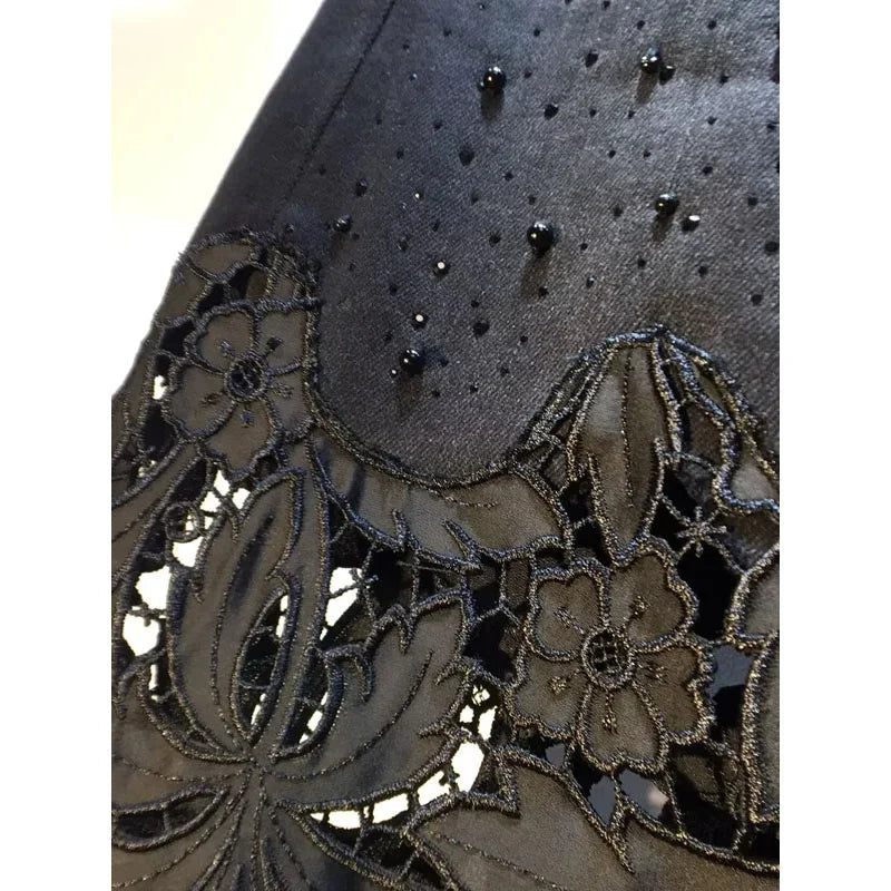 New Summer Denim Patchwork Hook Flower Hollow Lace Straight Leg Wide Leg Pants Casual High Waist Heavy Embroidery Rhinestone ATFH