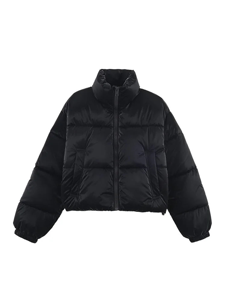 Women's Solid Cropped Puffer Jacket Stand Collar Quilted Fabric Elastic Cuff Coat Winter Casual Outings Daily Wear Cold Weather ATFH