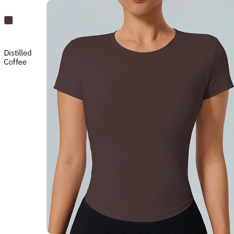 Women's Outdoor Fitness Yoga Top Round-Neck Short Sleeve Quick-Dry Compression T-Shirt for Running and Yoga - ATFH