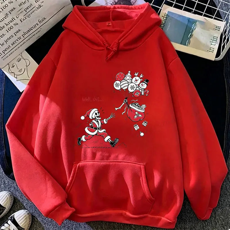 Men Women Funny Skeleton Santa Claus Hoodie Well Shit Graphic Hooded Sweatshirt Streetwear Punk Gothic Christmas Pullover Hoodie