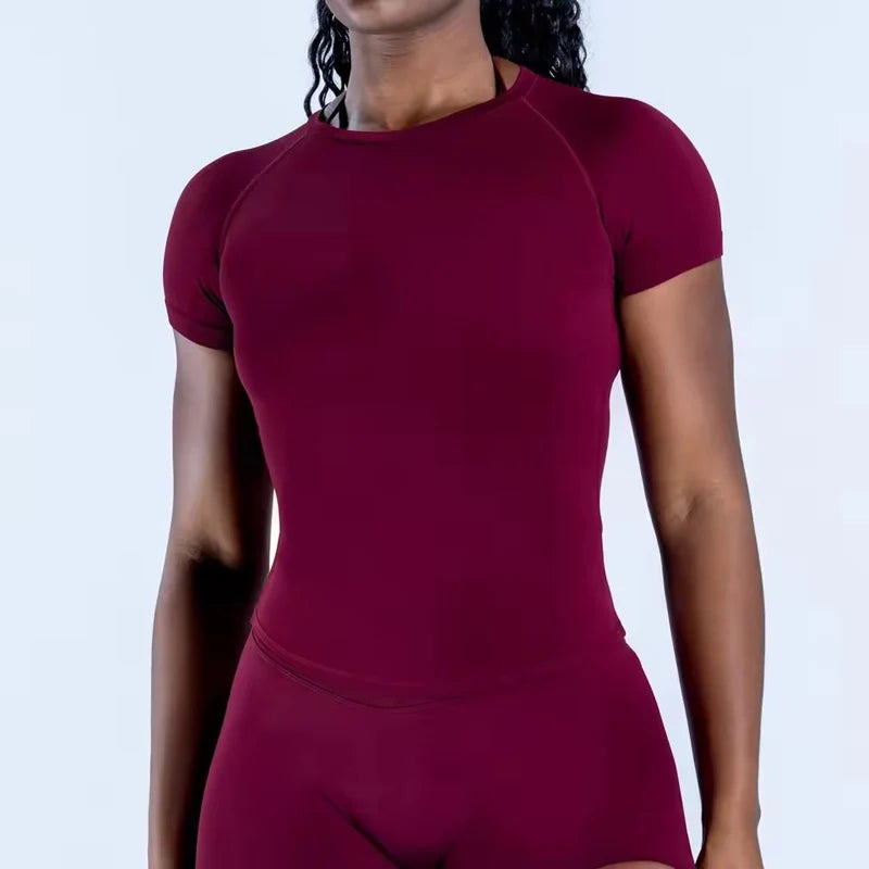 Short Sleeve Yoga Top Round Neck Seamless Gym Shirt for Woman High Stretch Fitted Sports Running T Shirts Workout Clothes - ATFH