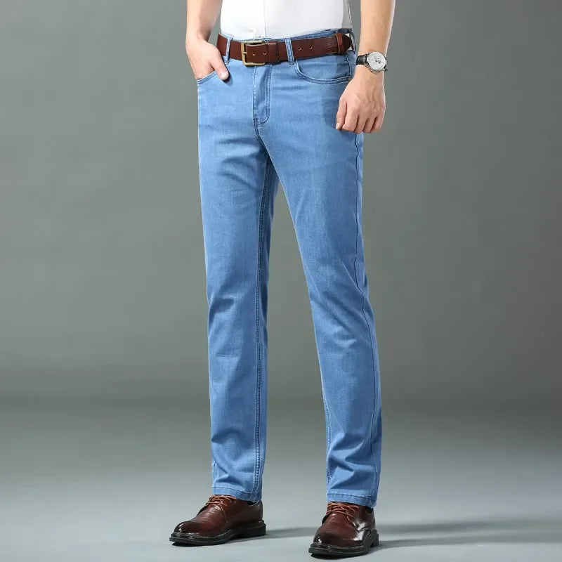 New Ice Silk Thin Denim Jeans For Men Blue Straight Stretch Cotton Pants Business Casual Lightweight Trousers Spring Summer ATFH