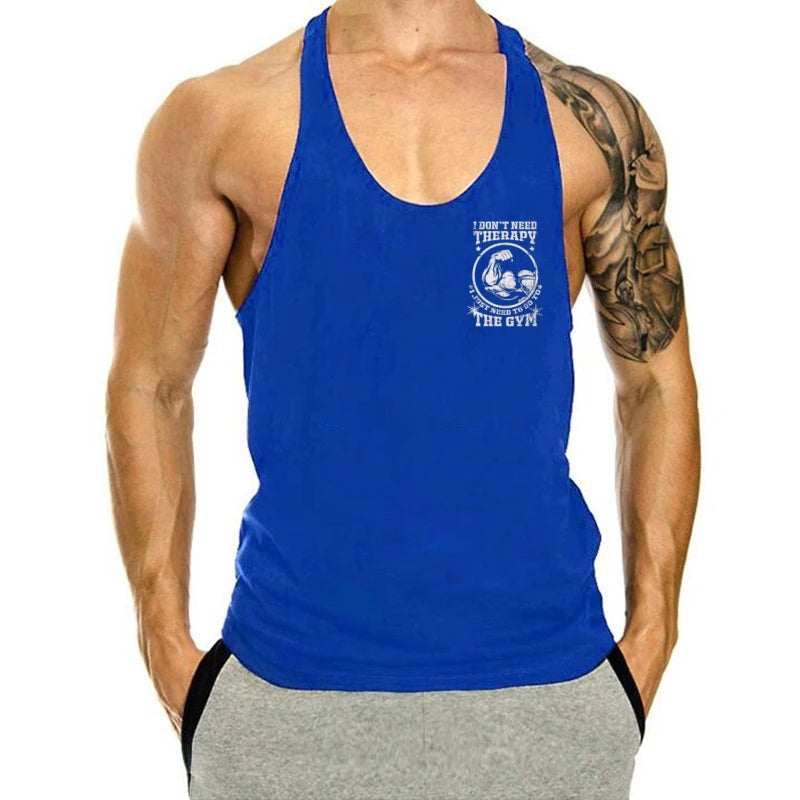 Men's "I don't need therapy, just the gym" Muscle Graphics Stringer Vest-Sleeveless Fitness, Bodybuilding and Plus Size Exercise