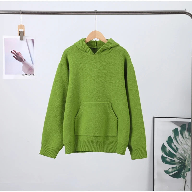 Casual Hooded Knitted Women's Sweater All-matching Green Loose Full Sleeve Pocket Lady Pullover Fashion Spring Female Top 2026 - ATFH
