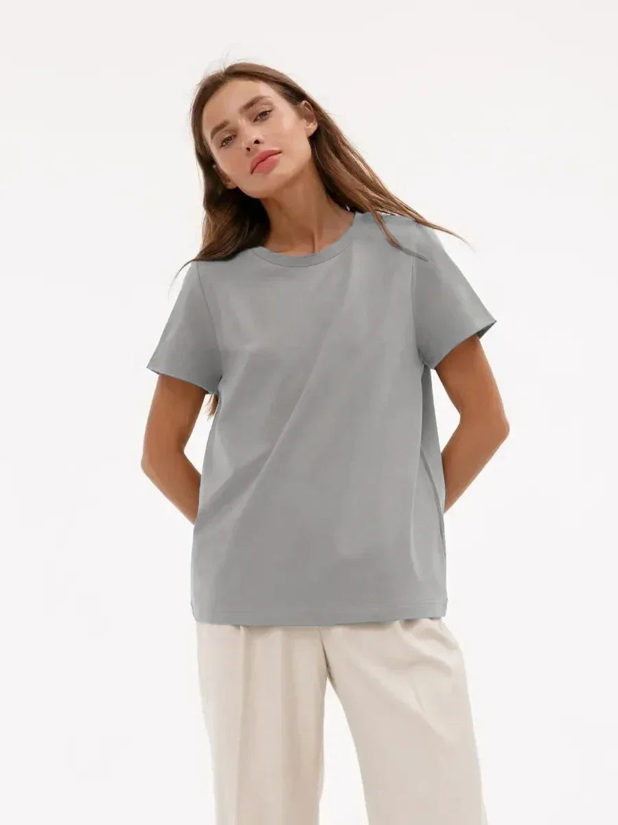 Bornladies Summer 100% Cotton Women's T-shirt Bottoming Basic Fashionable Solid Lady Short Sleeve Loose Tops Shirts 230g/㎡ Tops - ATFH