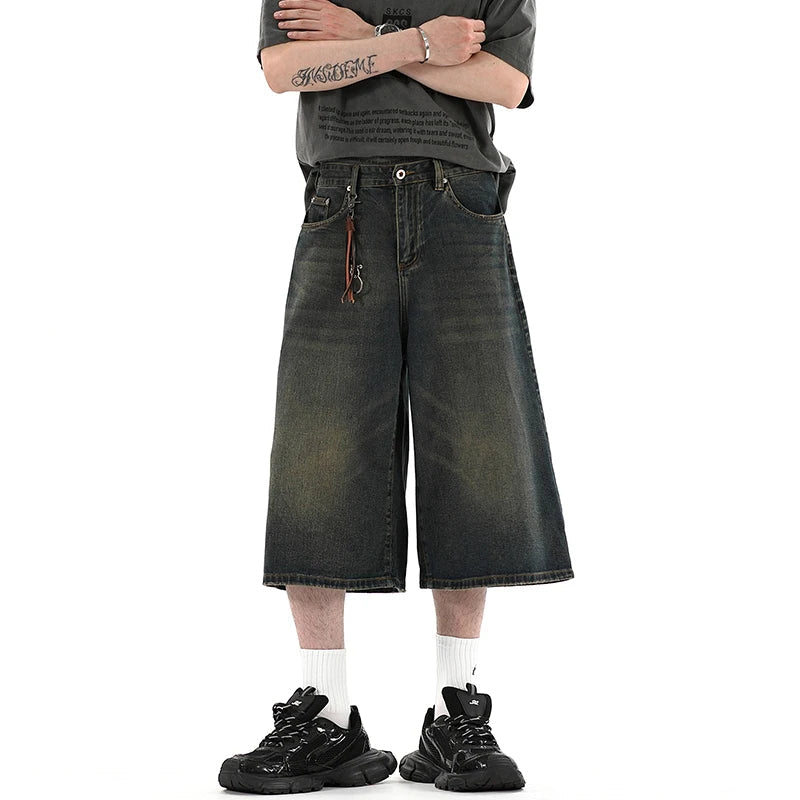 black Baggy Denim 5 Shorts Wide Leg Pants Men Fashion High Waisted Over the knee Jeans Shorts Oversize 6 7 8six-seven point pant ATFH