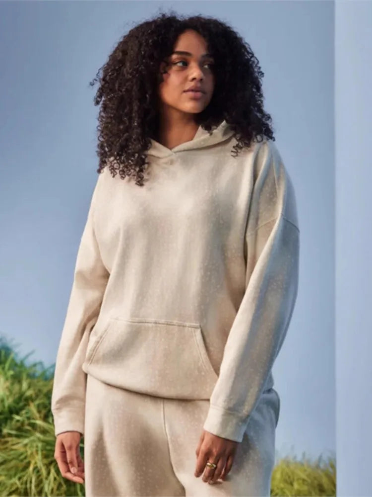 Female Solid Color Loose Sweatshirt Two-piece Sets Fashion Hooded Hood With Pocket Wide-leg Pants Suit Autumn Winter Lady Outfit