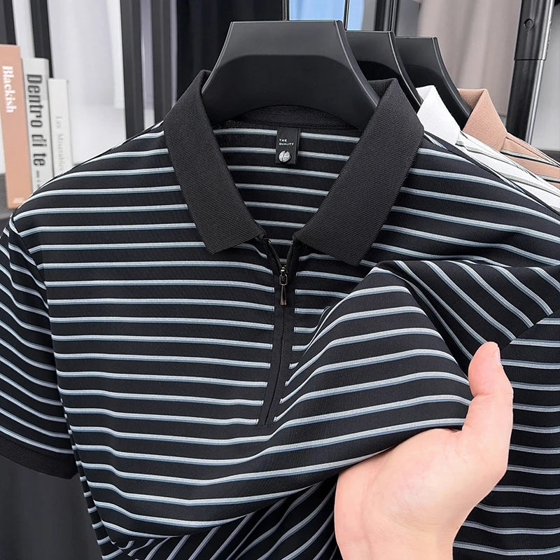 2026Summer Men's Striped Short-sleeved Lapel Zipper Polo Shirt Casual Trend Breathable Light Luxury Half-sleeved Bottoming Shirt