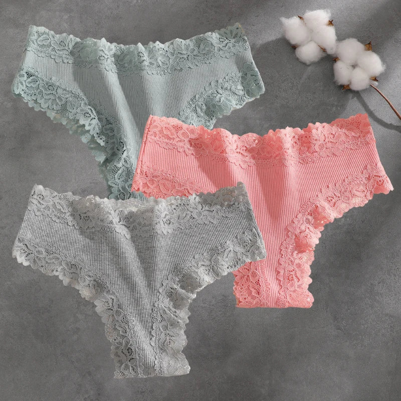 3Pcs Cotton Lace Patchwork Bikini Panties Women Seamless Floral Print Brazilian Pants Low Waist Breathable Female Sexy Lingerie