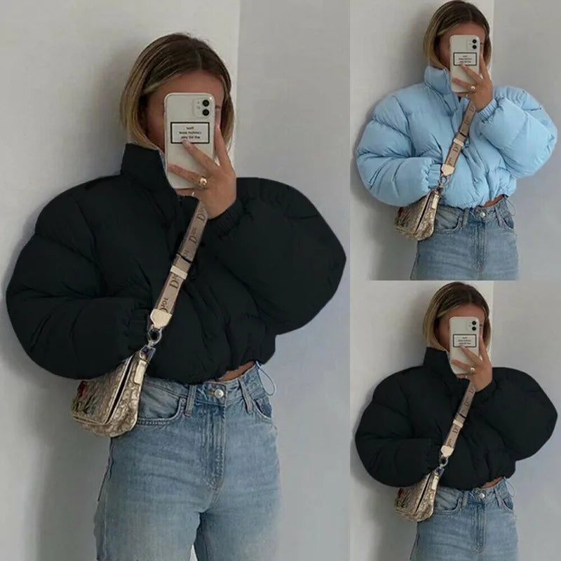 Women Short Puffer Jacket Cotton-Padded Thick Drawstring Parkas Zipper Winter Bubble Coat Warm Casual Hot Street Outfits