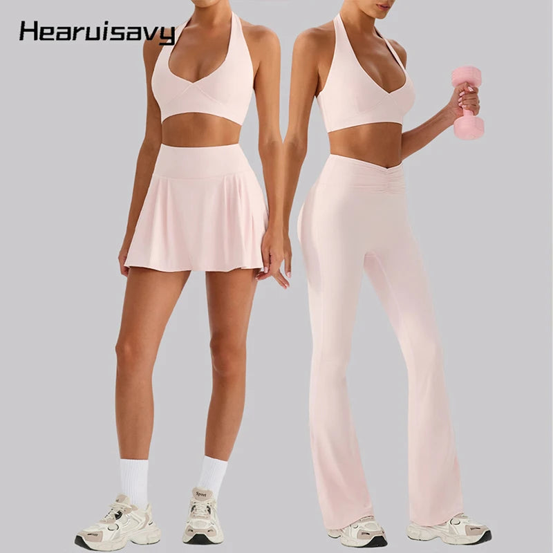 Hearuisavy 2Pcs Women's Sports Set Sun Protection Quick-Dry Tennis Skirt High Waist Yoga Flared Pants Gym Running Fitness Shorts - ATFH
