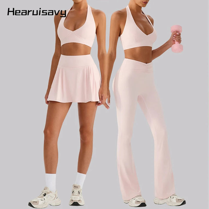 Hearuisavy 2Pcs Women's Sports Set Sun Protection Quick-Dry Tennis Skirt High Waist Yoga Flared Pants Gym Running Fitness Shorts - ATFH