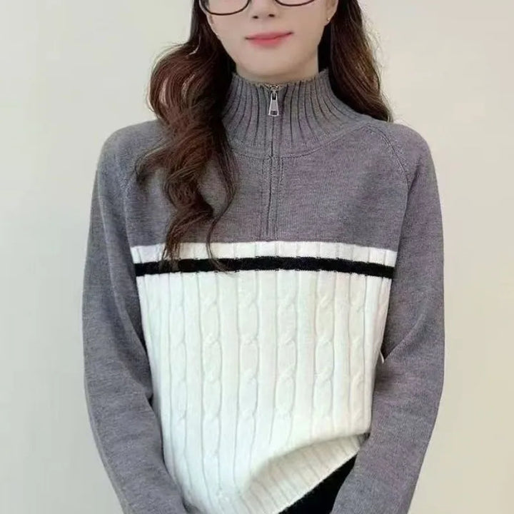 Lapel Half Zipper Turtleneck Knitted Jacket Sweater Autumn and Winter Fashion Loose Color Combination New Style - ATFH