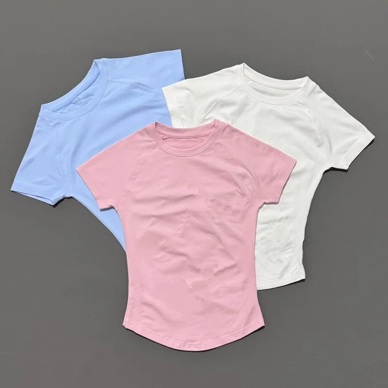 HISTELLO Sports Short Sleeve Top  Women Seamless Sculpting Yoga Bodysuit Running T-Shirt Workout Shirts Pilates Training Clothes - ATFH