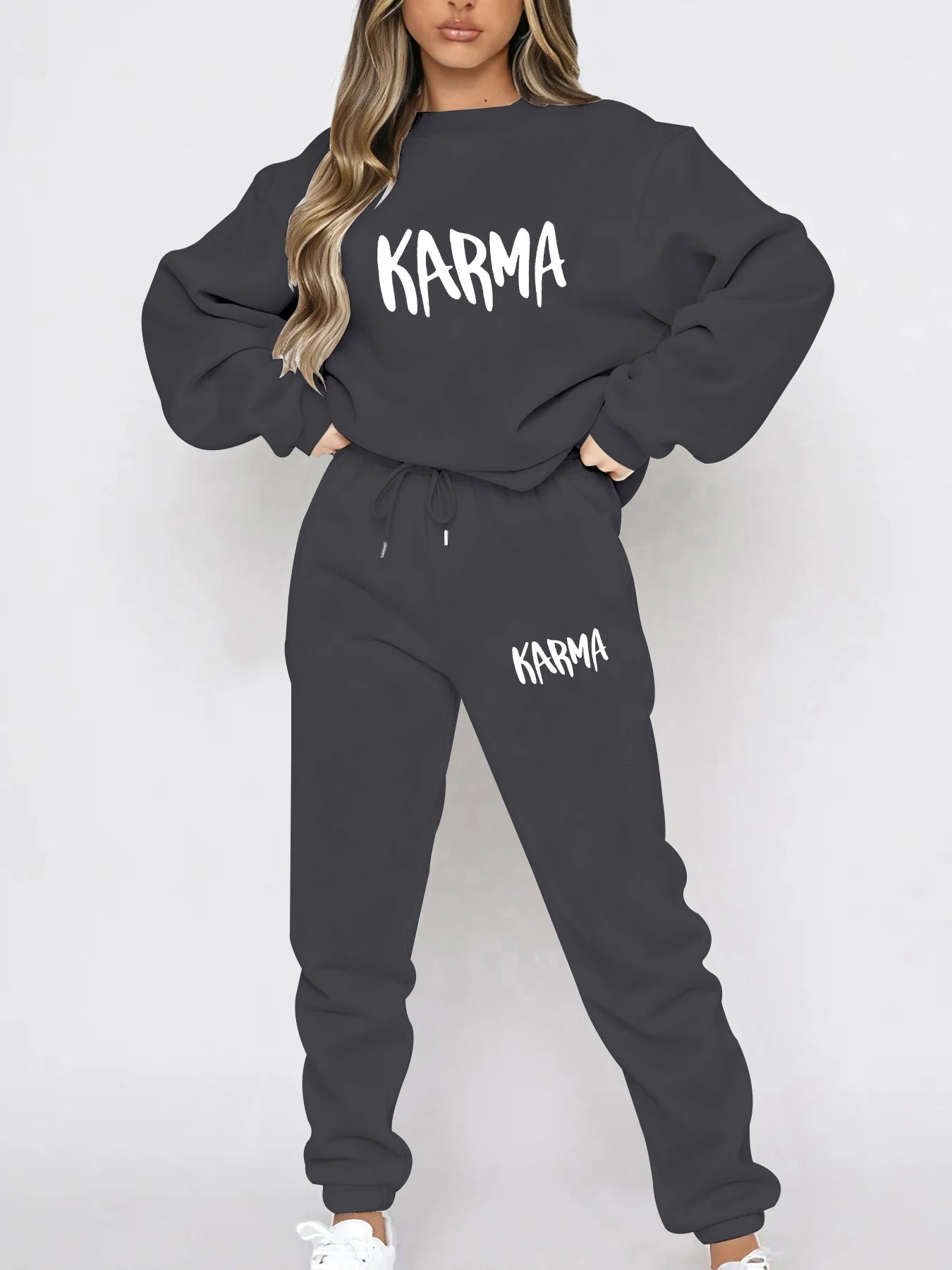Autumn and Winter Season Lazy Print Long-Sleeve Set, Loose Casual Fit Sweatshirt, Jogger Pants, Casual Sweet Lazy Comfortable Pullover, Crew Neck Sweatshirt + Wide-Leg Pants Two-Piece Set for Party and Commuting, Women's Clot