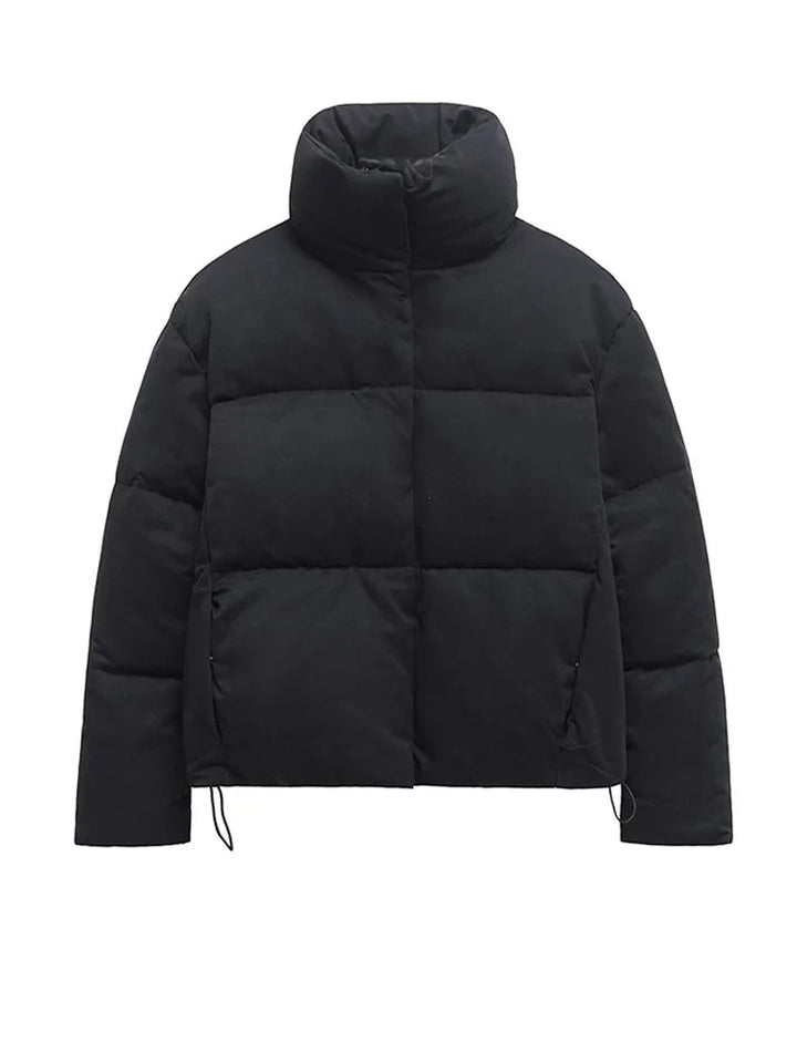 Solid Cropped Short Puffer Jacket Women Fashion High Collar Full Sleeve Drawstring Hem Warm Coat 2025 Winter Casual Outerwear ATFH