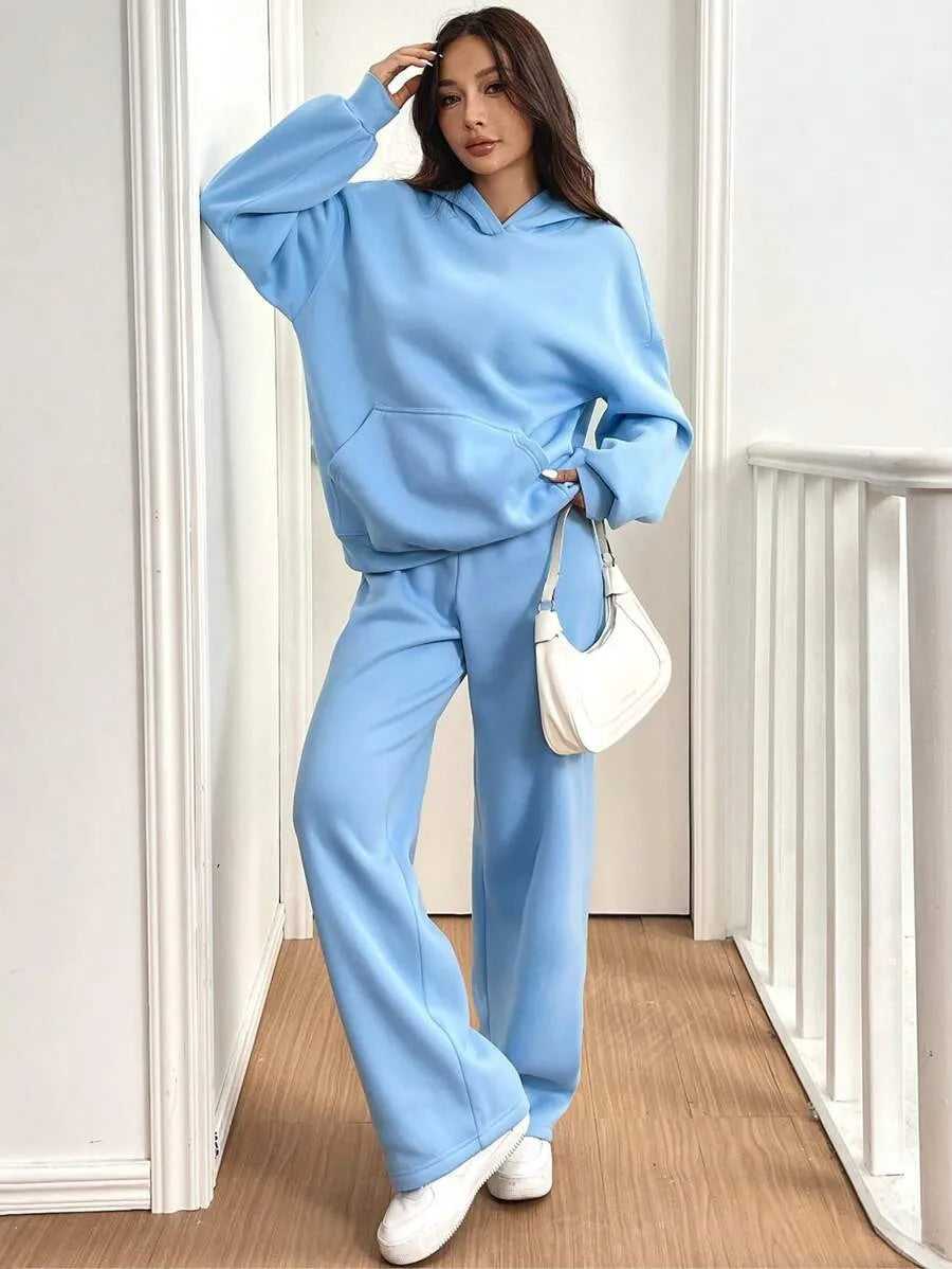 Autumn Winter Sports Suit Women Hooded Long-sleeved Pullover Sweatshirt Drawstring Sweatpants Conjunto Dos Piezas Mujer Invierno