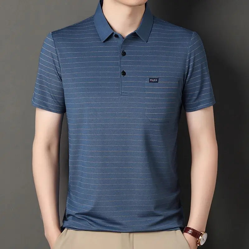 Men's Short-sleeved Lapel Striped T-shirt Real Pocket Polo Shirt Middle-aged and Elderly Loose Casual Thin Top Men