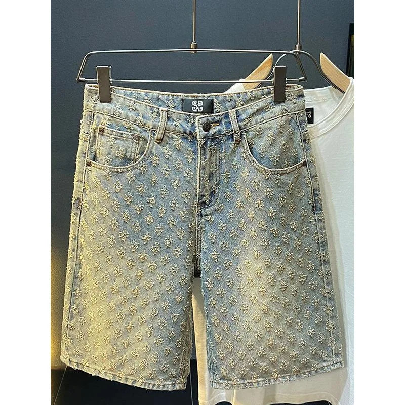 2025 Summer New American men's fashion ripped denim shorts, loose straight-leg casual mid-parted denim shorts ATFH