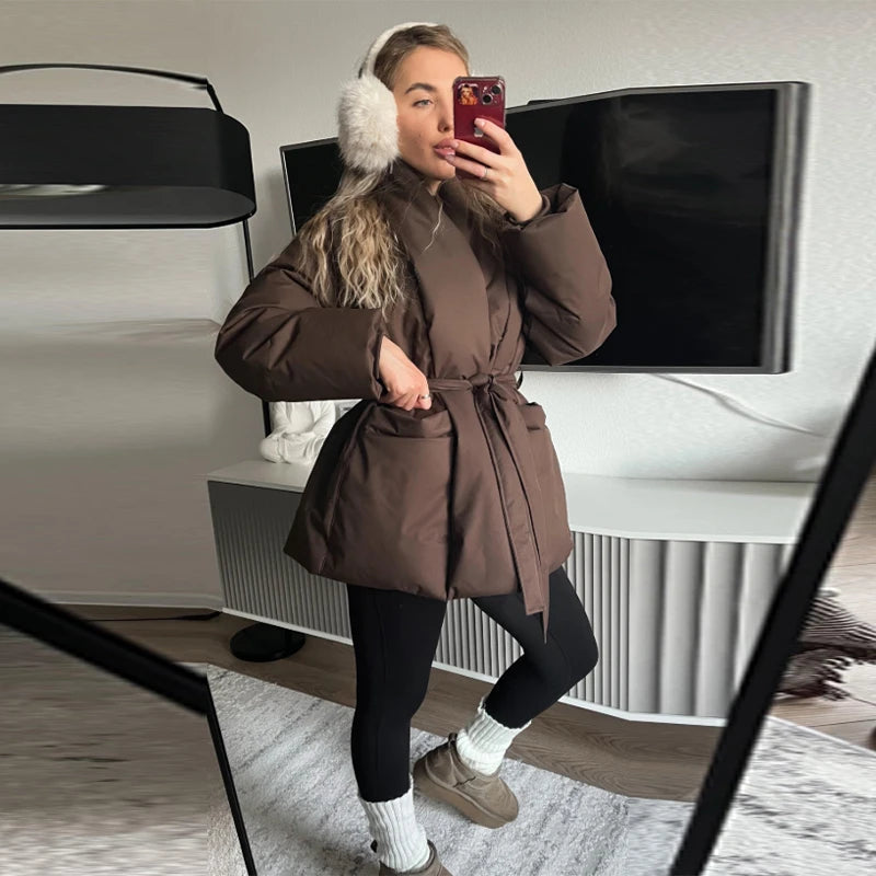 Casual Lace Up Women Winter Coats 2025 Belt Stand Collar Zipper Full Sleeve Kimono Jacket Lady Solid Thick Warm Outwear New ATFH
