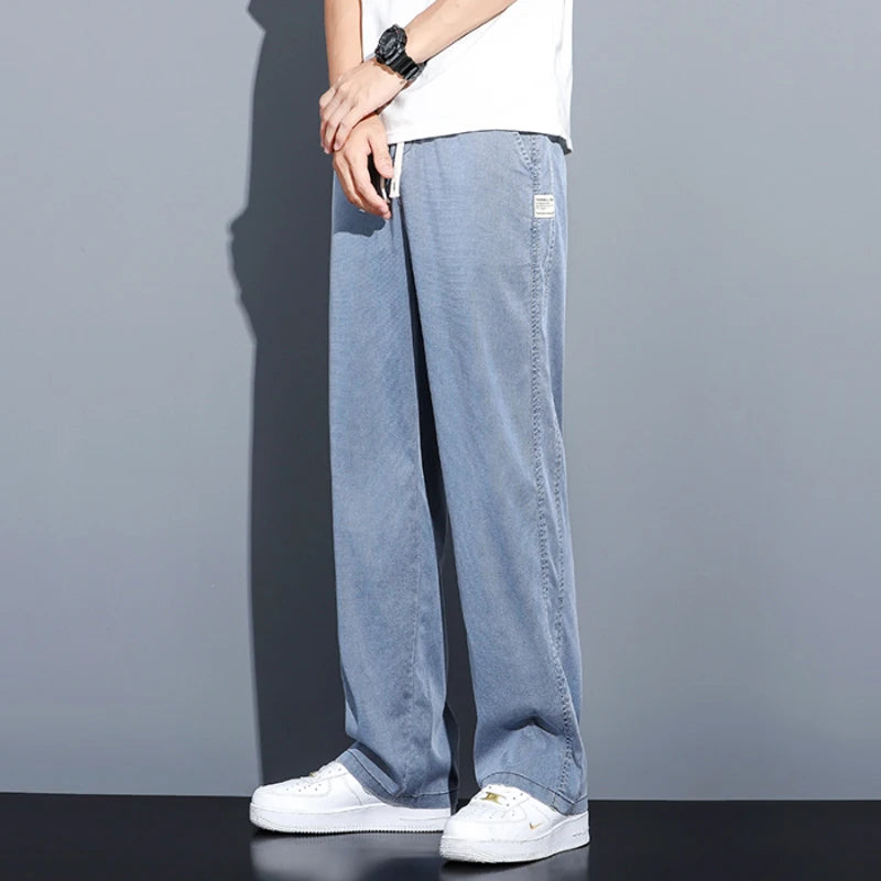 Summer Soft Lyocell Fabric Men's Jeans Thin Loose Straight Pants Drawstring Elastic Waist Korea Casual Trousers Plus Size M-5XL ATFH