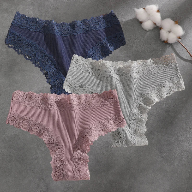 3Pcs Cotton Lace Patchwork Bikini Panties Women Seamless Floral Print Brazilian Pants Low Waist Breathable Female Sexy Lingerie