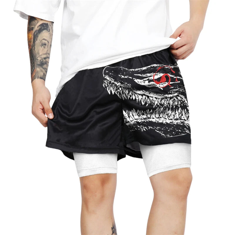 Y2K Gothic Punk Skull Print 2 in 1 Shorts for Men Gym Athletic Performance Shorts with Pockets Summer Workout Fitness Running