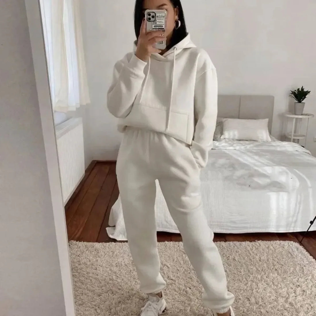 Women's Hooded Long Sleeved Pocket Sweatshirt Solid Color Sports Set Two-piece Set 2024 Autumn/winter