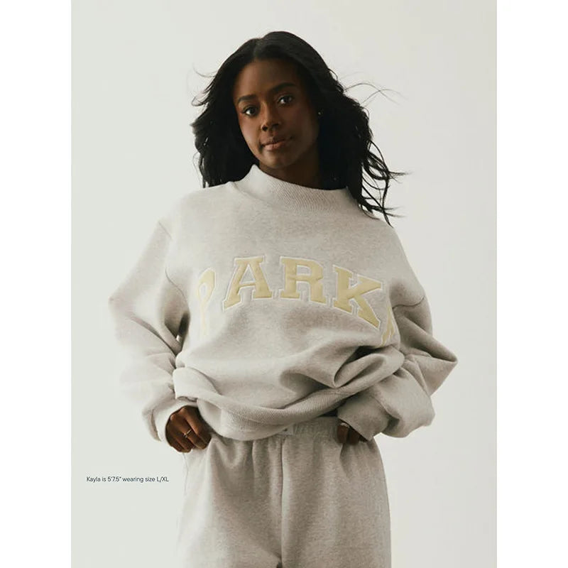 Spring new style niche North American PK letter patchwork embroidered floral cotton half-high neck women's sweater - ATFH