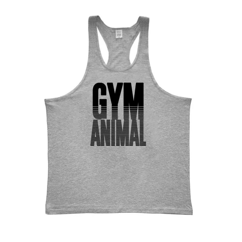 GYM ANIMAL Print Y Back Fitness Stringer Tank Top Mens Cotton Muscle Sleeveless Shirt Bodybuilding Clothing Workout Singlets
