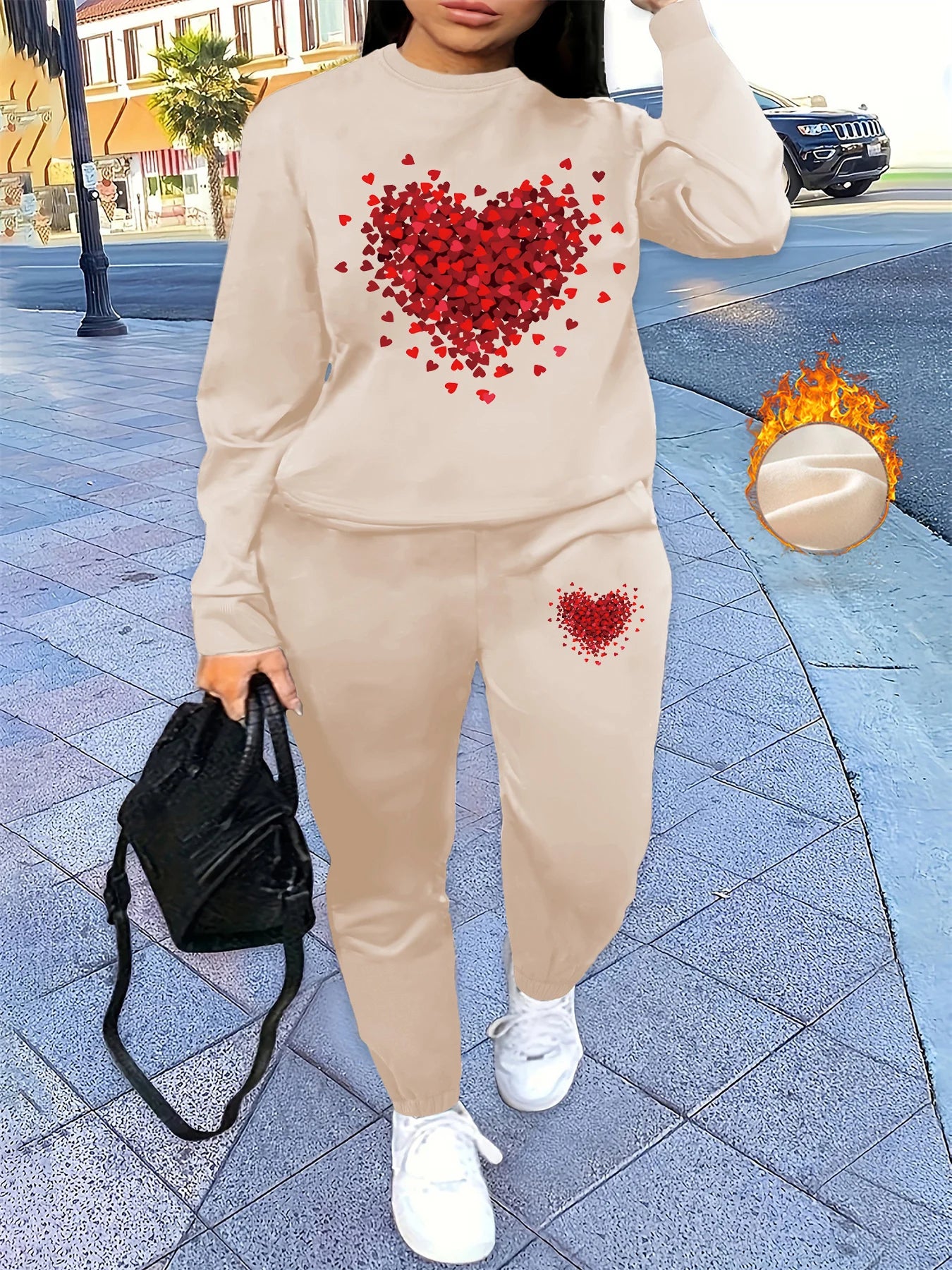 Women's autumn and winter hip-hop casual street heart-shaped printed round neck sports shirt+sports pants set warm clothing