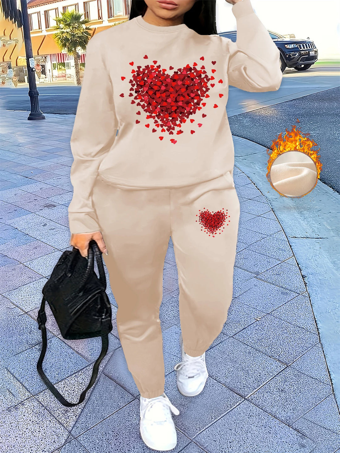 Women's autumn and winter hip-hop casual street heart-shaped printed round neck sports shirt+sports pants set warm clothing