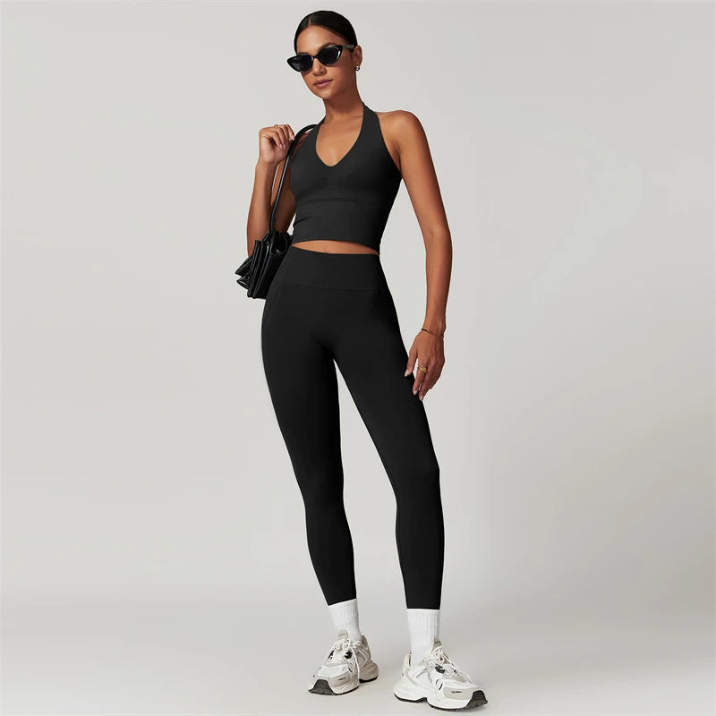 Quick-Dry Yoga Suit Sports Sets Women's Tracksuit Running Crop Tops and Leggings 2 Piece Set Fitness Wear Black Gym Clothing - ATFH