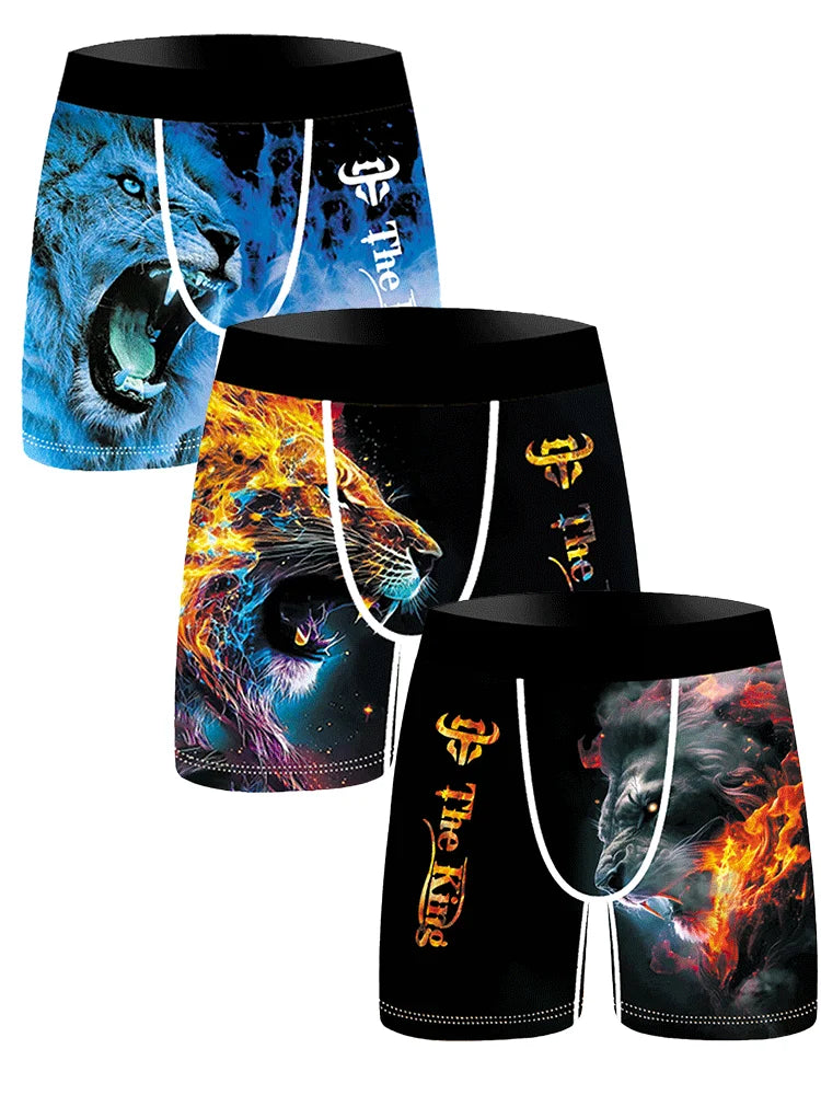 3Pcs Lion Wolf Print Men Underwear Boxers Men's Novelty Underpant Breathable Printed Male Underpants Man Boxer Briefs