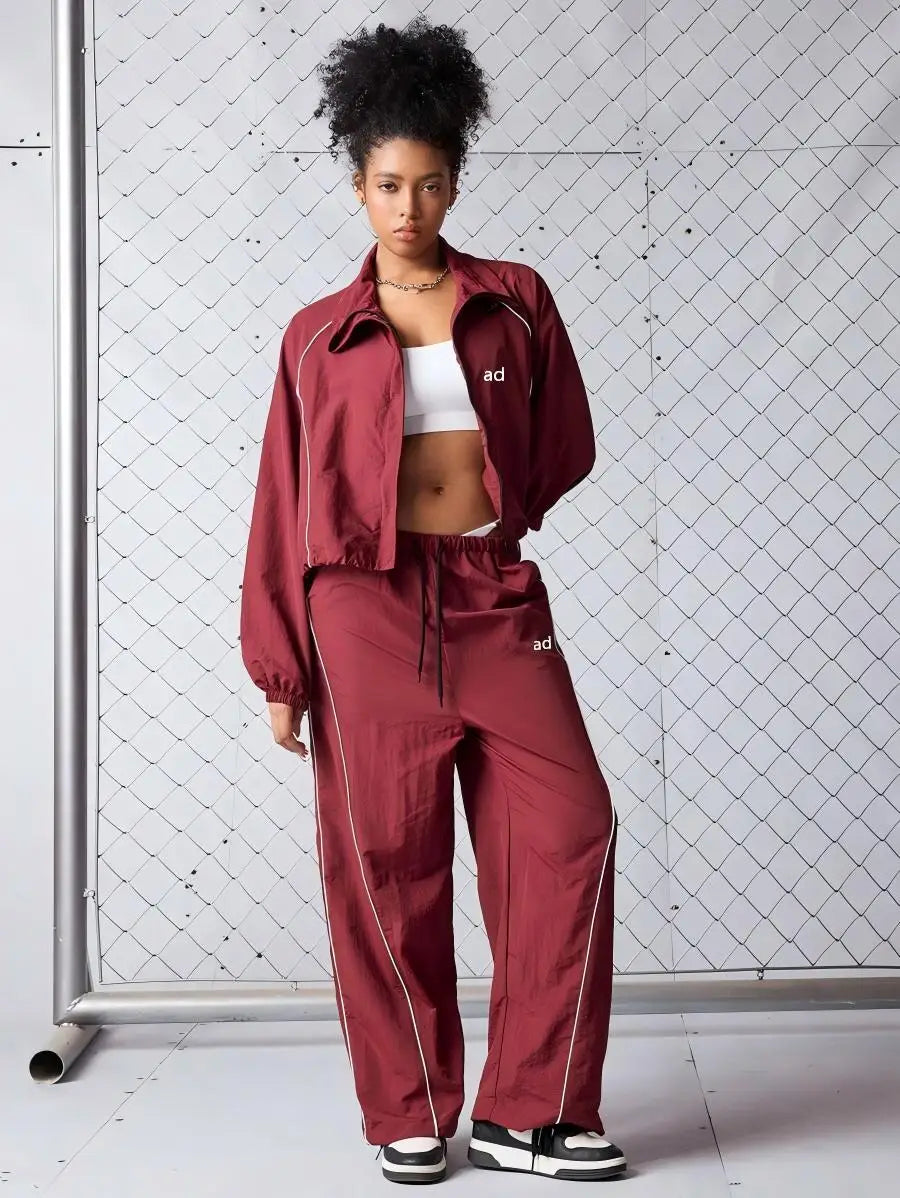2-piece set of new casual women's fashion contrasting drawstring sports jacket, long pants long sleeved jacket set
