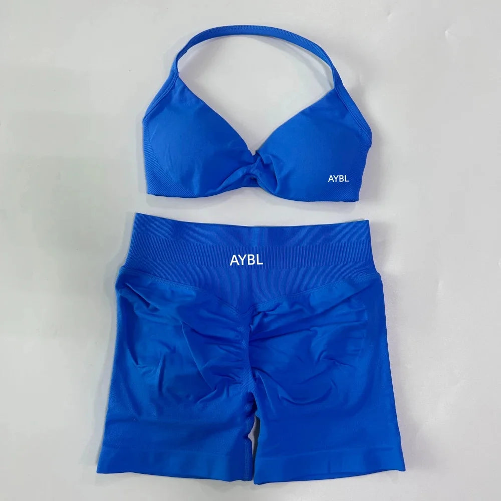 Trendy 2PCS Gym Set Women Strappy Yoga Bra Top High Waist Workout Scrunch Shorts Sports Suit Seamless Yoga Set Fitness Clothes Tahsi Fashion House