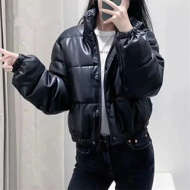 Short Cotton Jacket Parkas Women Winter Warm Thick Down Cotton Leather Coat Fashion Cotton Padded Zipper Overcoat Female