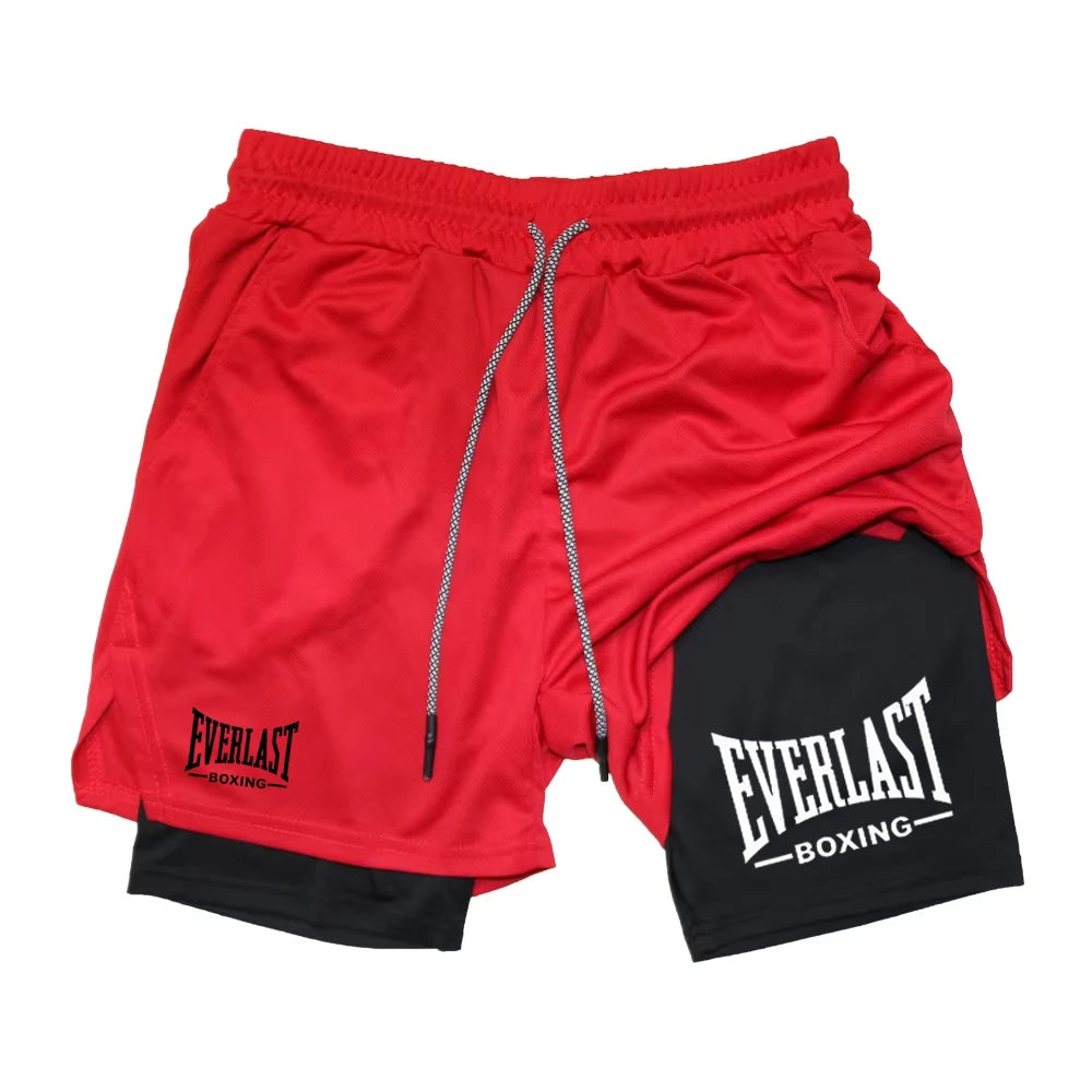 Men's Compression Gym Shorts, EVERLAST Printed Sports Pants, Double Layered, Quick Drying, Basketball, Muscle, Fitness RL0365