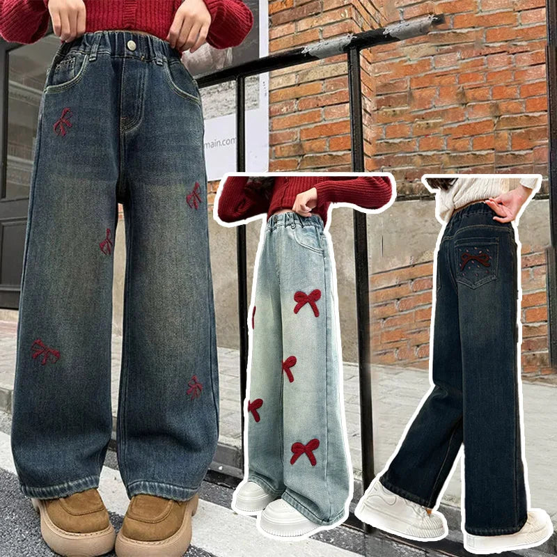 Girls Autumn Winter Plush Warm Denim Straight-leg Pants 5-14 Years Kids Fashion Bowknot Embroidery Jeans Casual Loose Sweatpants ATFH
