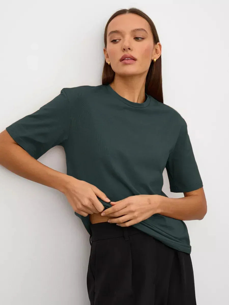 Sumuyoo Summer 100% Cotton Women's T-shirt Bottoming Basic Fashionable Lady Short Sleeve Loose Tops Shirts Solid 230g/㎡ Tops - ATFH