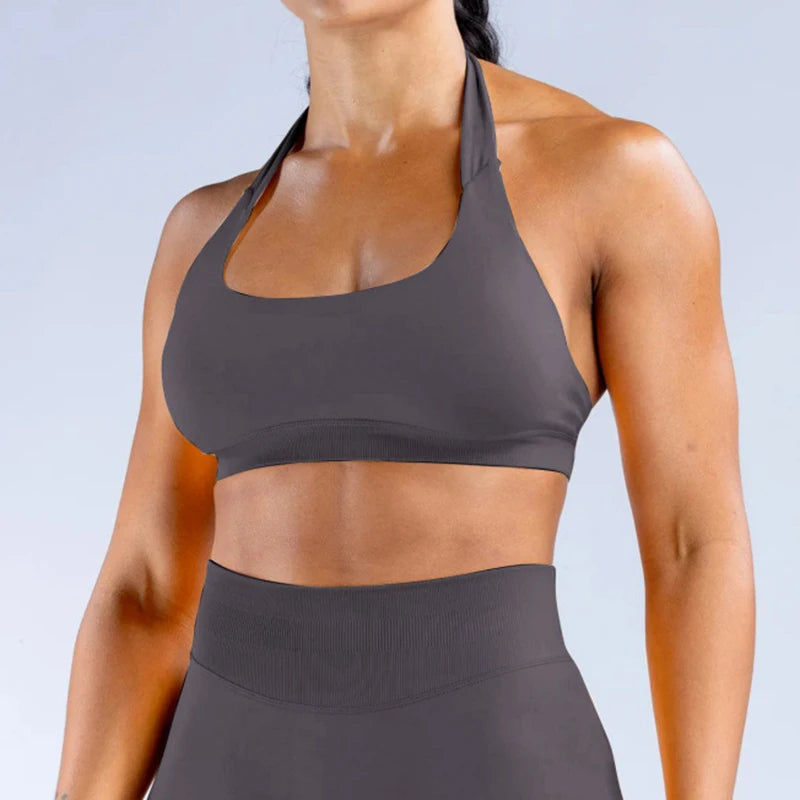 Impact Sports Bra Women Seamless Halter Neck Strap Yoga Bra With Padded Sexy Open Back Yoga Top Bra Medium Support Gym Crop Top - ATFH