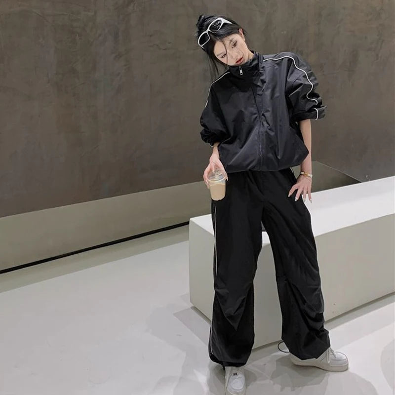 Black Tracksuit Sets Women Spring Autumn Casual Loose Black Sports Suit Female Zipper Jacket + Wide Leg Pants Two-piece Outfits