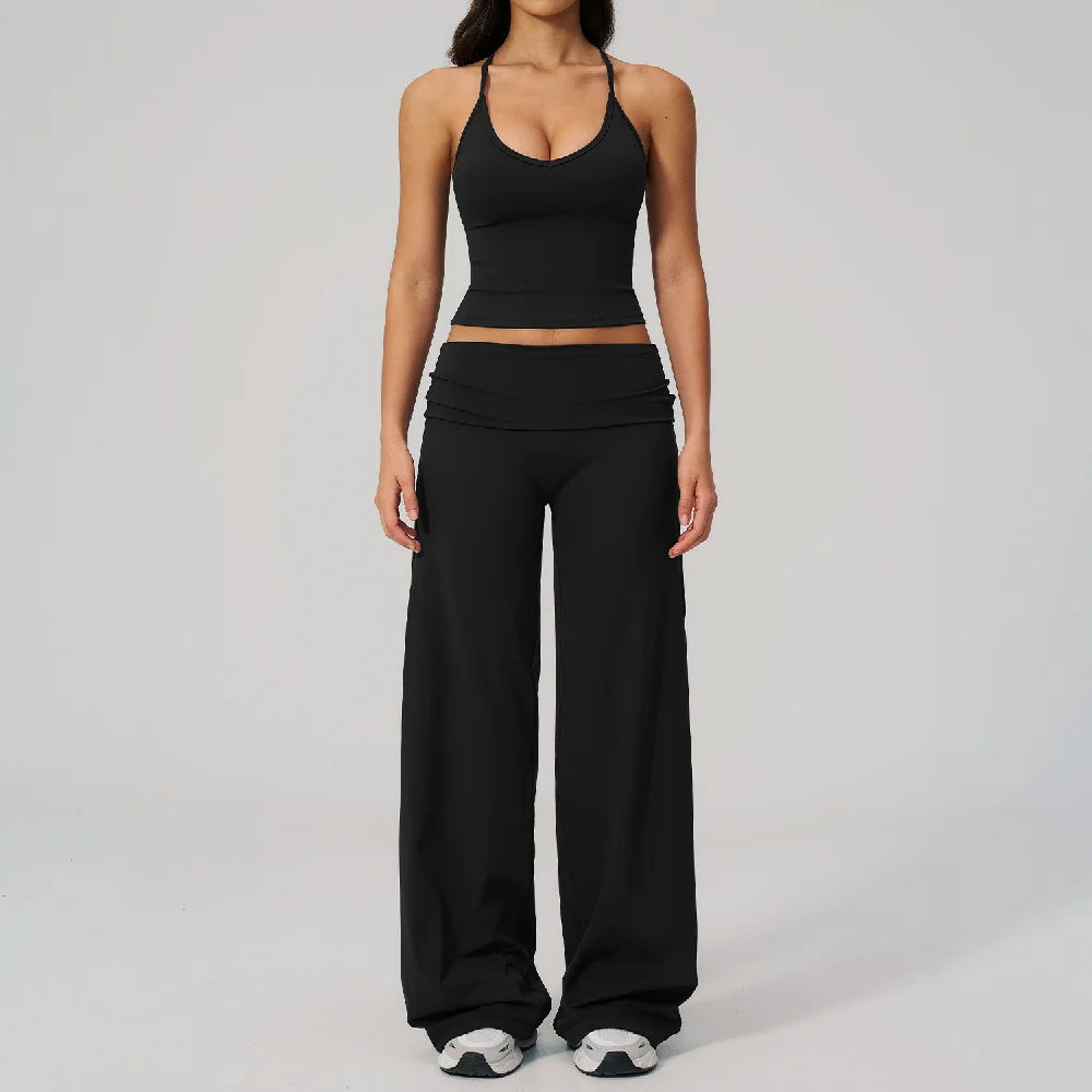2PCS Fitness Suit Gym Tracksuits Deep V Yoga Bra Athletic Wear Female High Waist Workout Flared Pants Sports Set Yoga Clothes