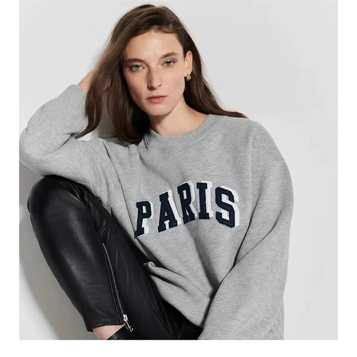 Grey Classic Letter Patch Embroidered Sweatshirt Women Soft Fleece Lining Crew Neck Long Sleeve Sweatshirts Female Autumn Winter - ATFH