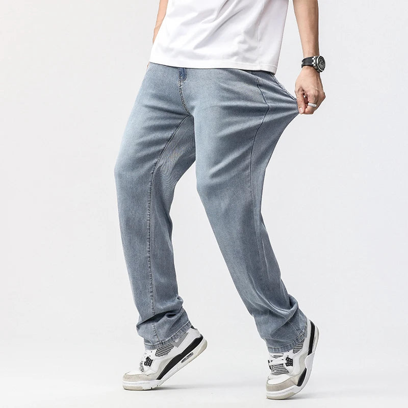 190cm Tall Man Jean Lyocell Wide Leg Denim Pant Male Extra Long Length 115cm 120cm Summer Big Clothes Light Stretch Straight Fit ATFH