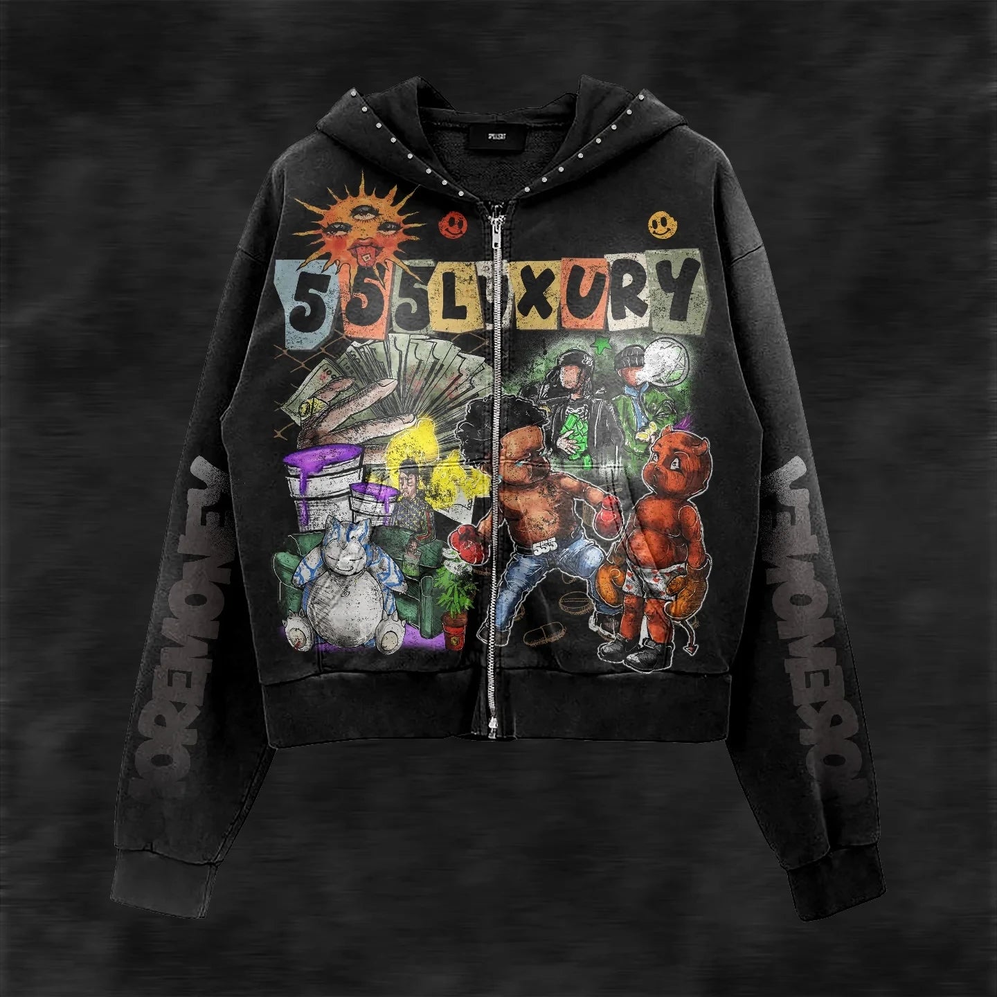 Y2K Style Hoodie with Pearl Details, Gothic Letter Print Zip-Up Hooded Sweatshirt - ATFH