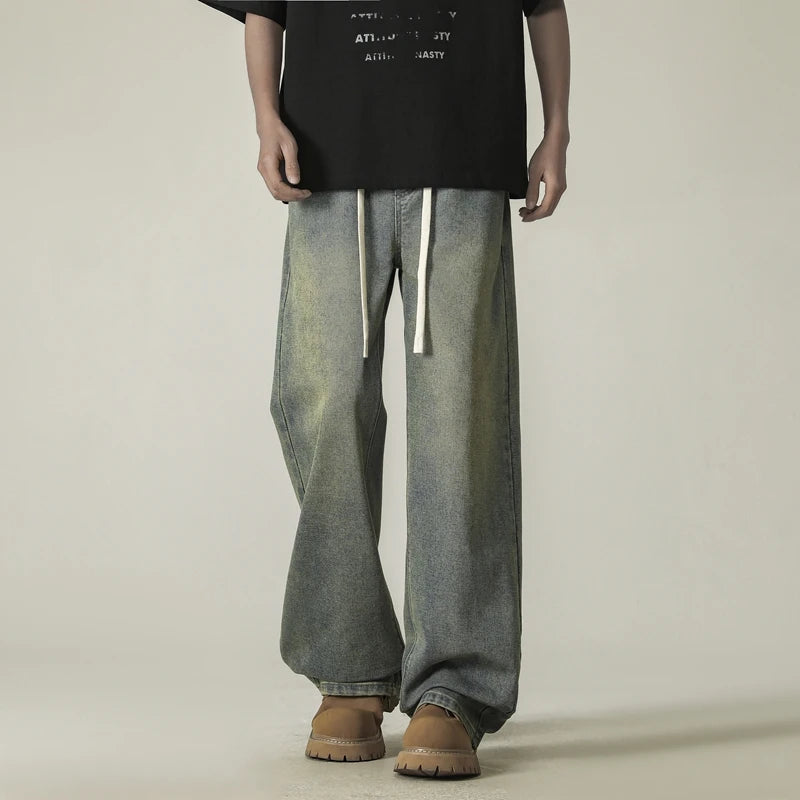 full length men's oversize y2k black big boys jeans for man washed straight leg casual loose wide baggy pants Men trousers denim ATFH